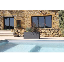 Grå planteringslåda med växter bredvid en pool framför ett hus