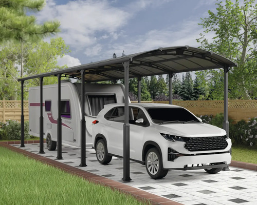 Dubbelcarport CANOPIA by Palram Alpine 10600 359x1077cm antracit Övertäckt parkeringsplats med bil och husvagn utomhus