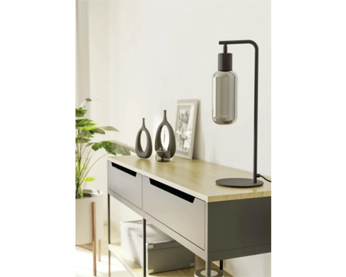 Dekorativ sidobord med bordslampa, vaser och krukväxt för en stilfull inredning