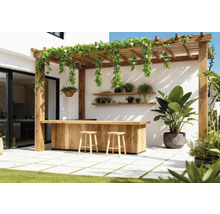 Uteplats med träpergola, bar och stolar samt växter.