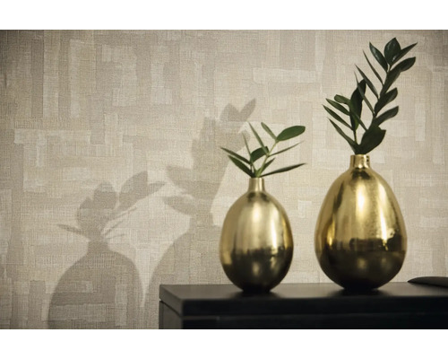 Dekorativ tapet med två vaser och växter på ett skåp