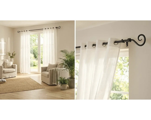 Vardagsrum med vita gardiner och gardinstång