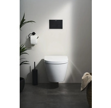 Vägghängd toalett i badrum med manöverpanel, toalettpappershållare och växter