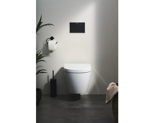 Vägghängd toalett i badrum med manöverpanel, toalettpappershållare och växter