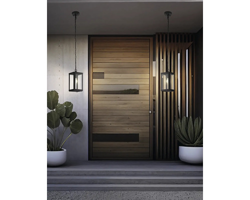 Entré med trädörr, växter i krukor och två hänglampor