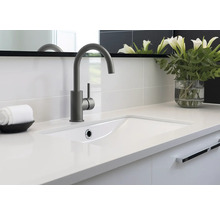 Badrum handfat med kran, handduk och blomvas