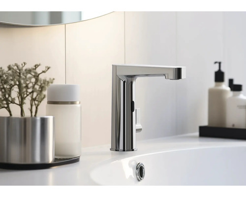 En kran med sensor på ett tvättställ.