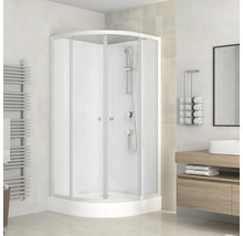 Hörndusch med skjutdörrar i ljust badrum