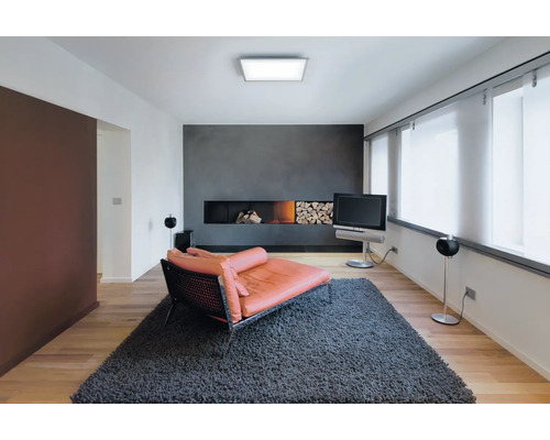 Modernt vardagsrum med öppen spis, soffa, TV och matta