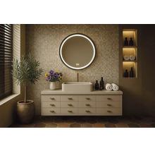 Badrumsscen med tvättställ, spegel, växt och dekor