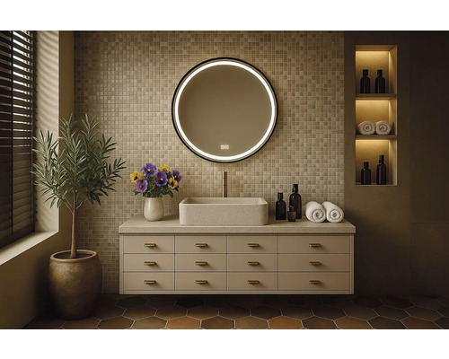 Badrumsscen med tvättställ, spegel, växt och dekor