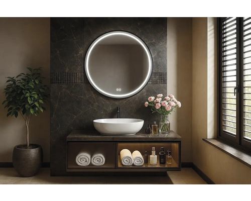 Modernt badrum med rund spegel, tvättställsskål och underskåp