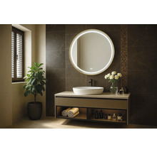 Modernt badrum med tvättställ, rund spegel med belysning och krukväxt