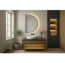 Modernt badrum med spegel, tvättställsskåp och växter