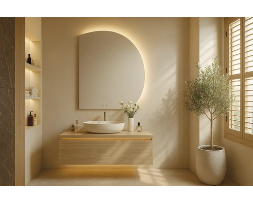 Modernt badrum med handfat, spegel och växt