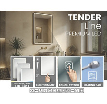 LED-badrumsspegel Tender Line i ljust badrum med justerbar färgtemperatur, dimmer, touch-strömbrytare och imfri funktion.