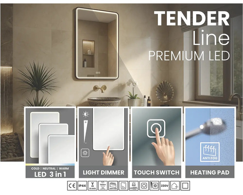 LED-badrumsspegel Tender Line i ljust badrum med justerbar färgtemperatur, dimmer, touch-strömbrytare och imfri funktion.