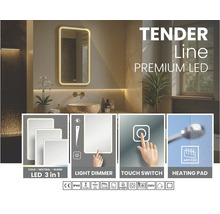 LED badrumsspegel Tender Line med dimbar belysning i tre färger, touch strömbrytare, imfri värmefunktion och stänkvattenskydd.