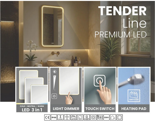 LED badrumsspegel Tender Line med dimbar belysning i tre färger, touch strömbrytare, imfri värmefunktion och stänkvattenskydd.