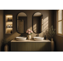 Modernt badrum med dubbla handfat, speglar och hyllor