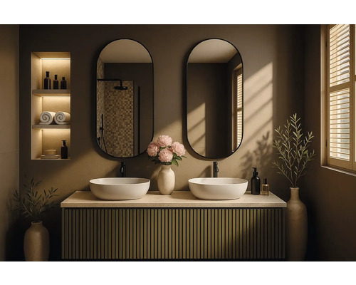 Modernt badrum med dubbla handfat, speglar och hyllor