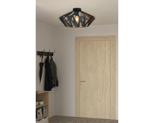 Taklampa i metall i hallen med klädhängare och trädörr