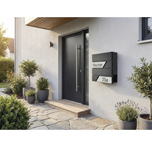 Modern entré med ytterdörr, brevlåda och utomhusväxter