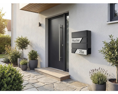 Modern entré med ytterdörr, brevlåda och utomhusväxter