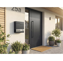 Modern husfasad med brevlåda, ytterdörr och växter