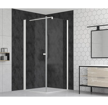 Duschkabin med hörningång av glas och metall i badrum