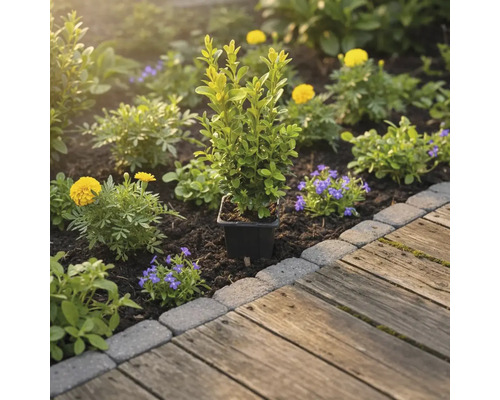 Trädgårdsrabatt med buxbom i kruka, gula och blå blommor bredvid trägång