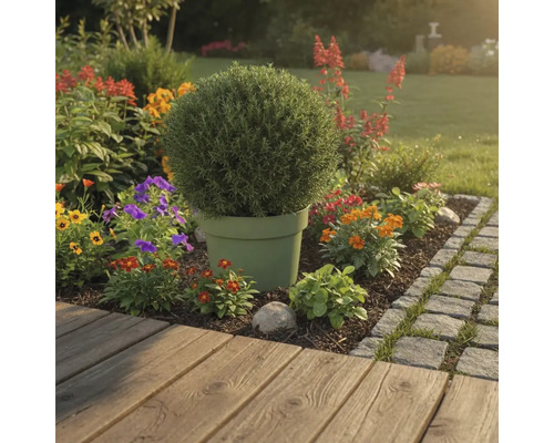 Trädgårdslandskap med krukväxt och färgglada blommor