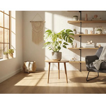 Ljust vardagsrum med krukväxt, fåtölj och vägghylla