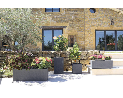 Diverse planteringskärl med växter framför en byggnad