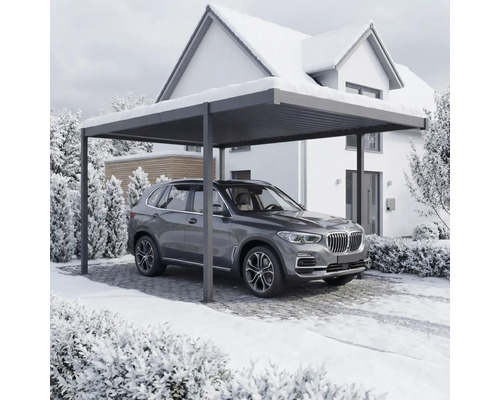 En bil står under en carport framför ett hus på vintern.