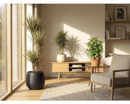 Vardagsrum med krukväxter i krukor, trämöbler och matta