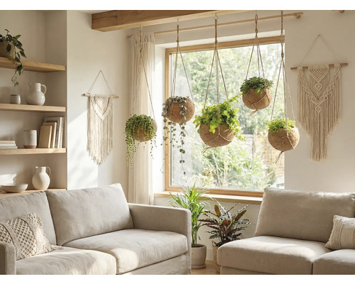 Vardagsrum med soffor och hängande växter i kokosnötsskal.