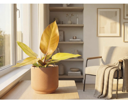 Inredningsscen med krukväxt i keramikkruka på ett bord