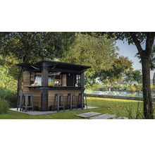 Trädgård med utomhusbar och barstolar under träd