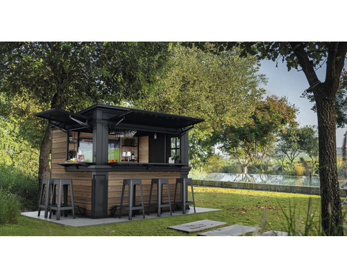 Trädgård med utomhusbar och barstolar under träd