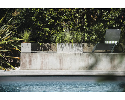 Betongplanteringskärl med plantering bredvid pool och solstol