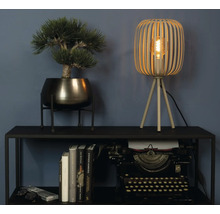 Dekorativ scen med bordslampa, konstgjord växt, bokhög och skrivmaskin på en svart hylla