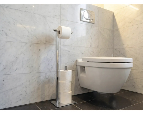 Badrum med toalett och toalettpappershållare i metall