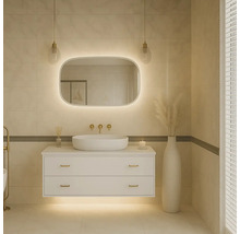 Modernt badrum med tvättställsskåp, spegel med belysning och dekorativa element