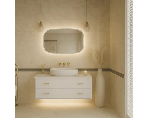 Modernt badrum med tvättställsskåp, spegel med belysning och dekorativa element