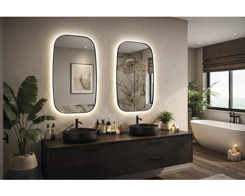 Badrum med tvättställ, två handfat och två belysta speglar