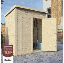 Trädgårdsskåp i trä med öppen dörr, trädgårdsredskap i bakgrunden. Rowlinson Group logotyp. Bertilo logotyp.