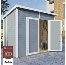 Trädgårdsskjul i trä med dubbeldörr och verktyg inuti