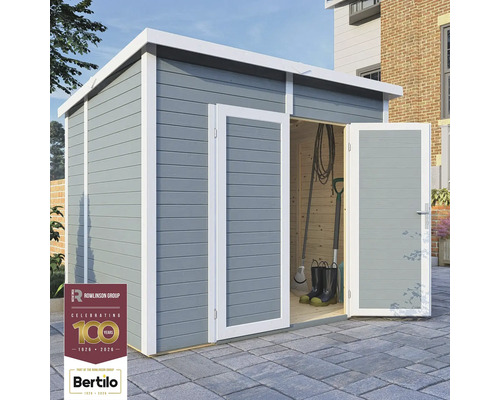 Redskapsbod BERTILO Timmo 4 med golv 249x198cm silvergrå Trädgårdsskjul i trä med dubbeldörr och verktyg inuti