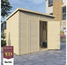 Trädgårdshus i trä med dubbeldörr och verktyg